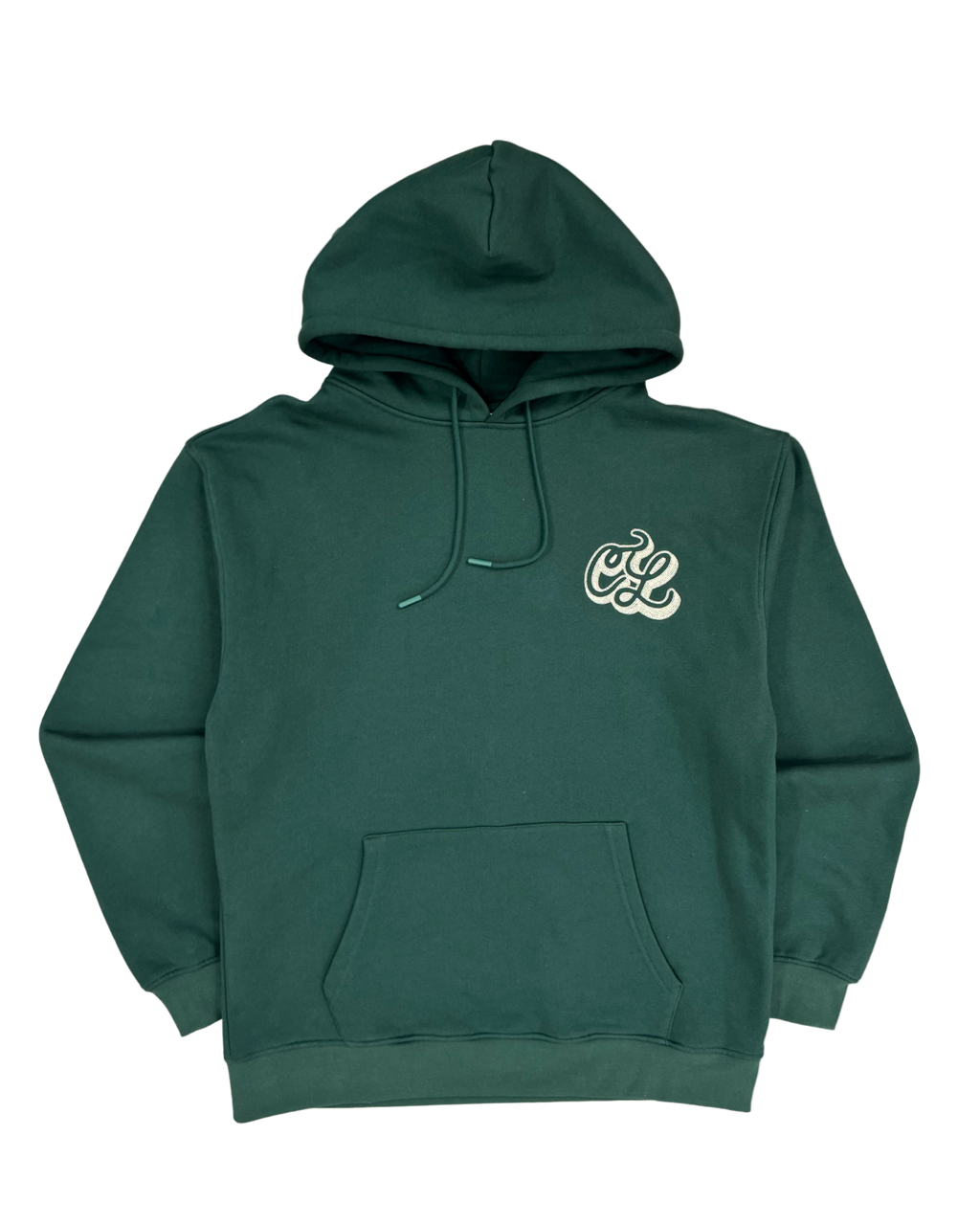 Green hoodie with a logo on the chest against a white background
