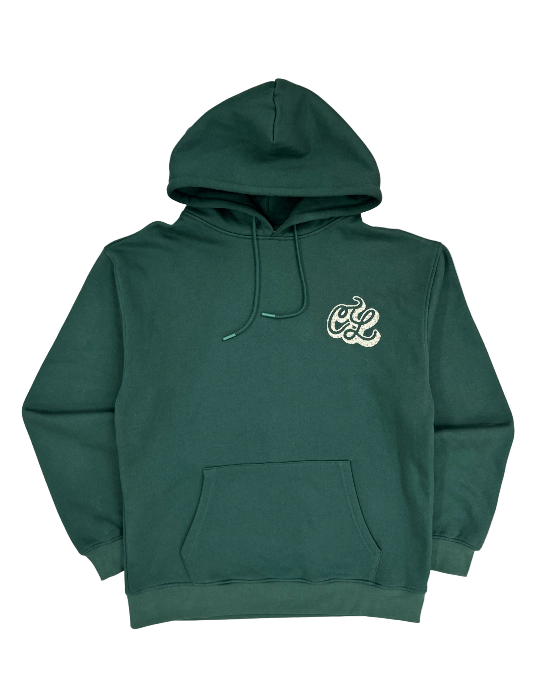 Green hoodie with a logo on the chest against a white background