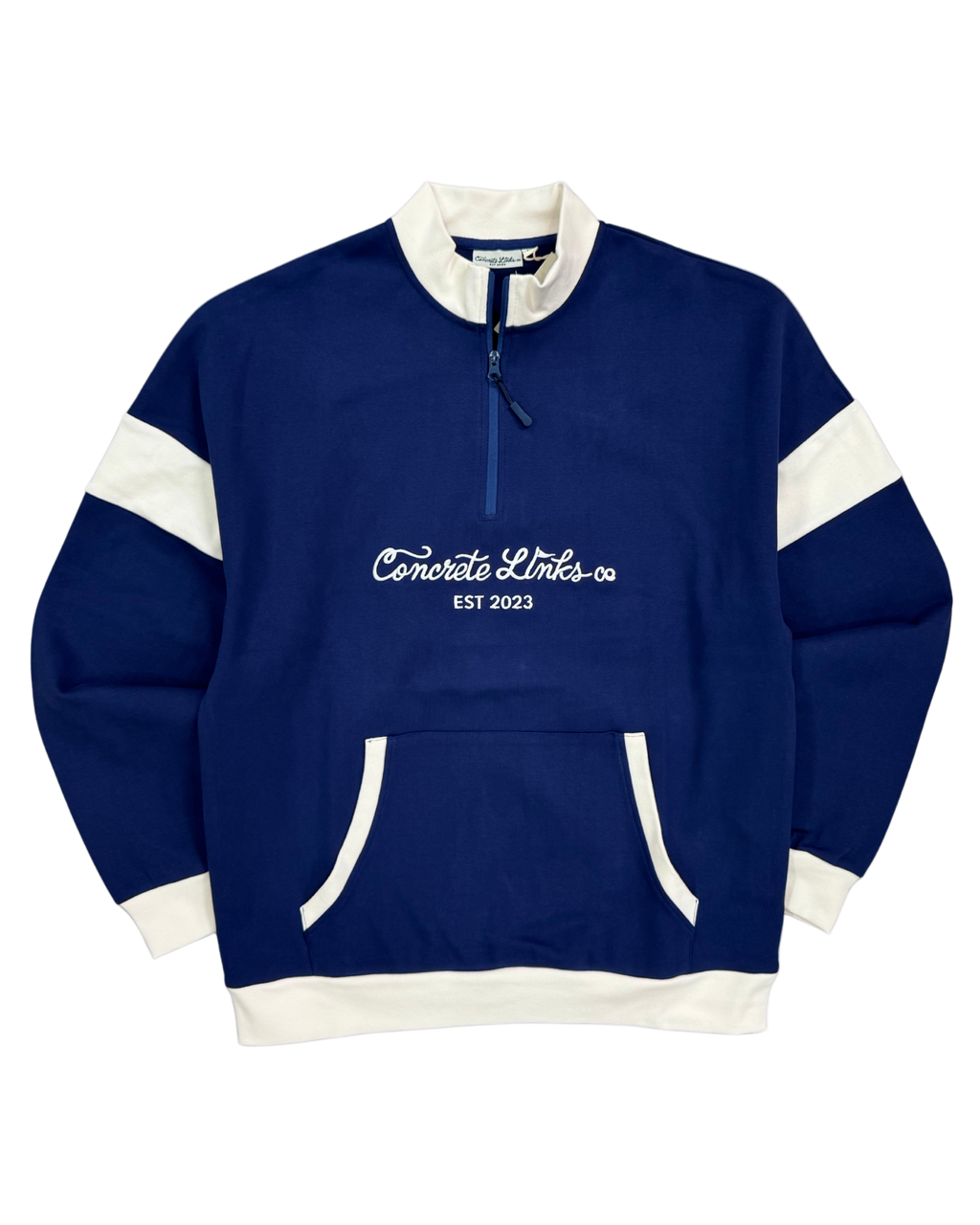 Blue sweatshirt with white accents and 'Concrete Links co' text on a white background