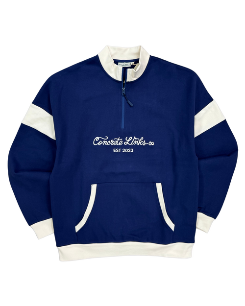 Blue sweatshirt with white accents and 'Concrete Links co' text on a white background