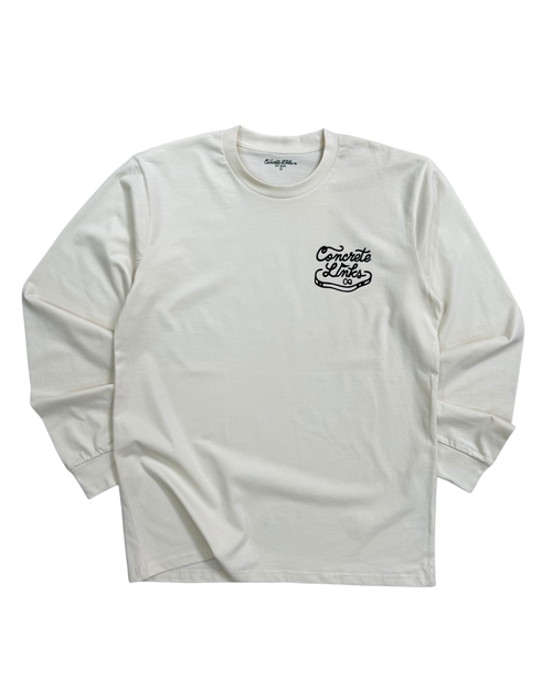 White long-sleeve shirt with black text on a white background