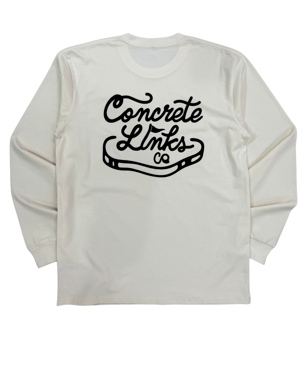 White long-sleeve shirt with 'Concrete Links Co' text on a white background