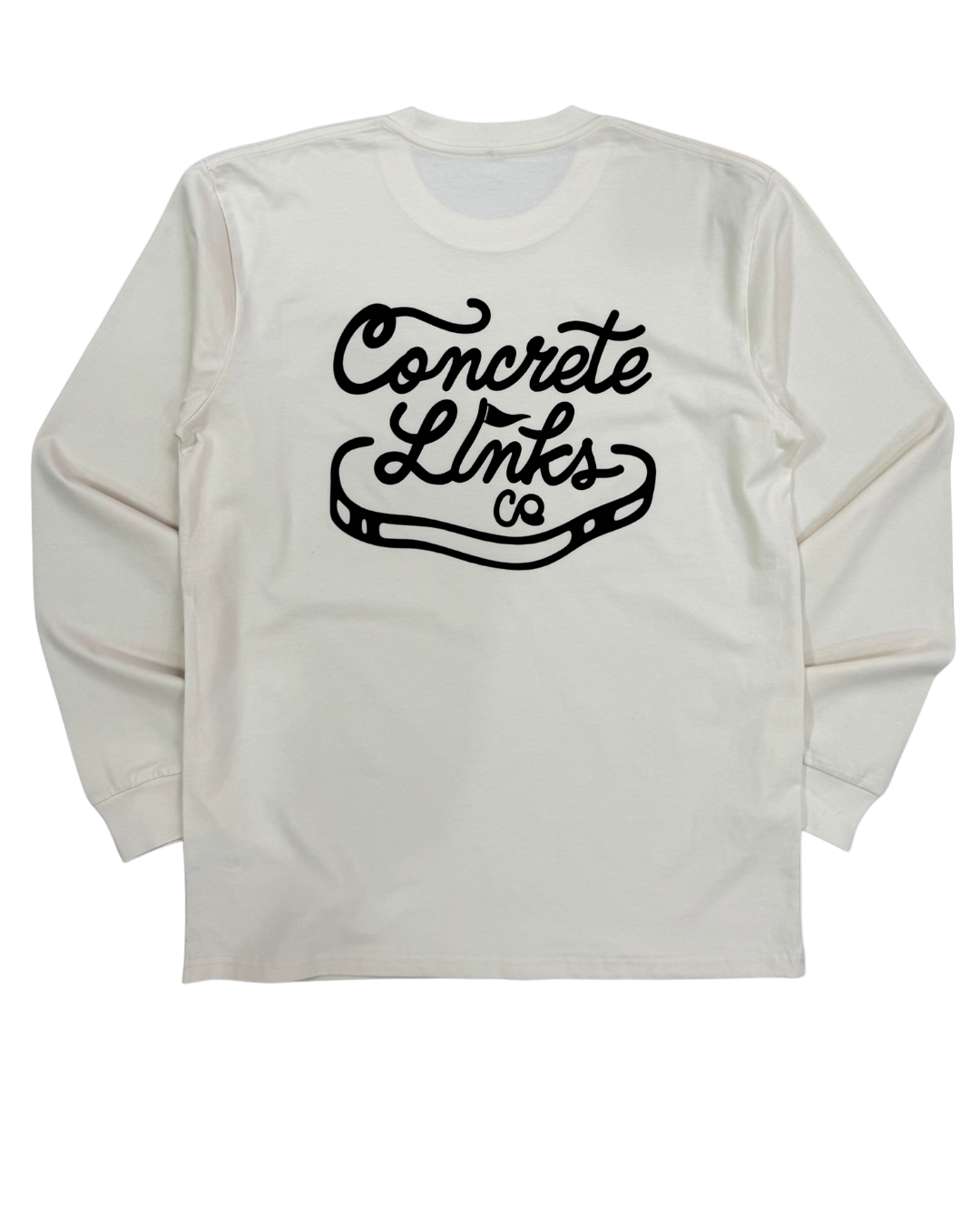 White long-sleeve shirt with 'Concrete Links Co' text on a white background