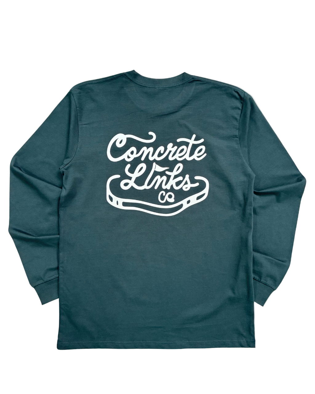 Teal long-sleeve shirt with 'Concrete Links' logo on a white background