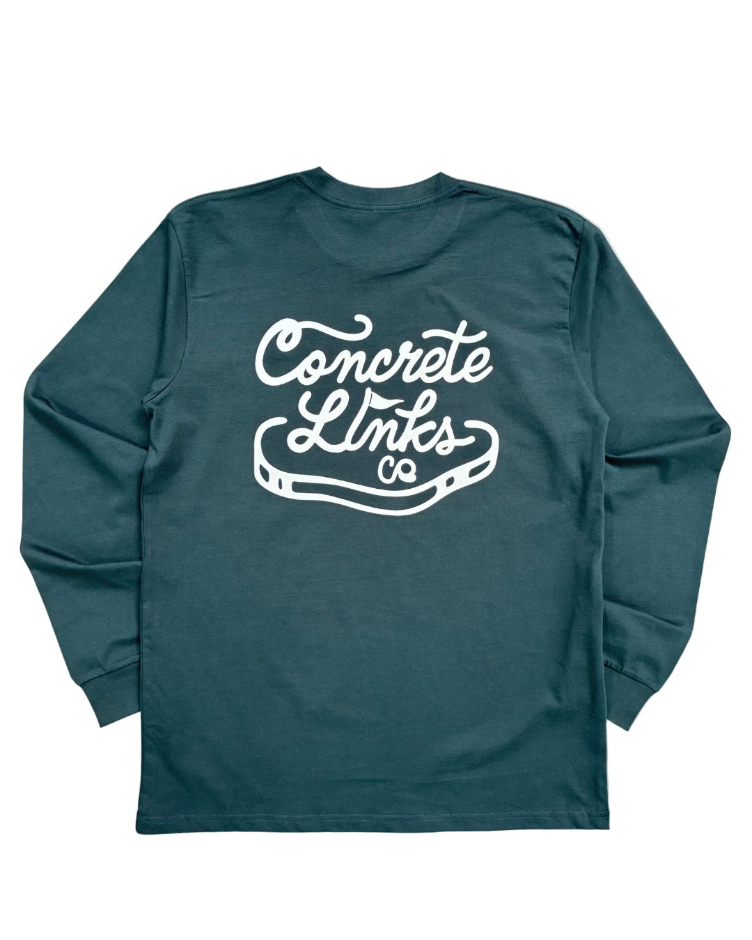 Teal long-sleeve shirt with 'Concrete Links' logo on a white background