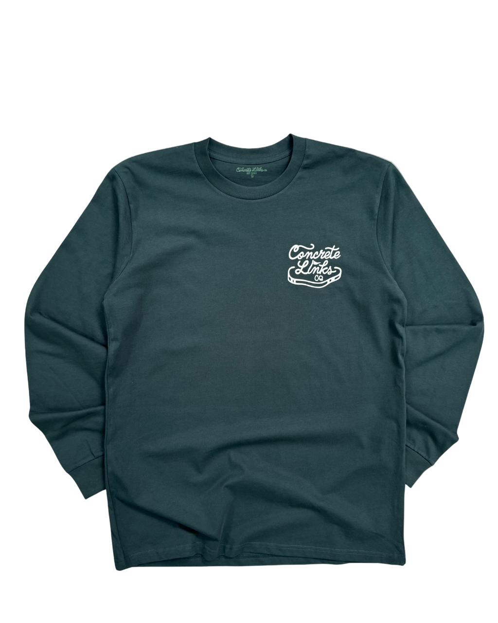 Teal long-sleeve shirt with a logo on a white background