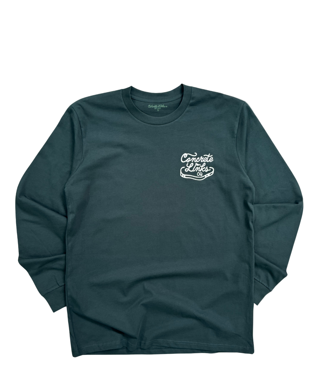 Teal long-sleeve shirt with a logo on a white background