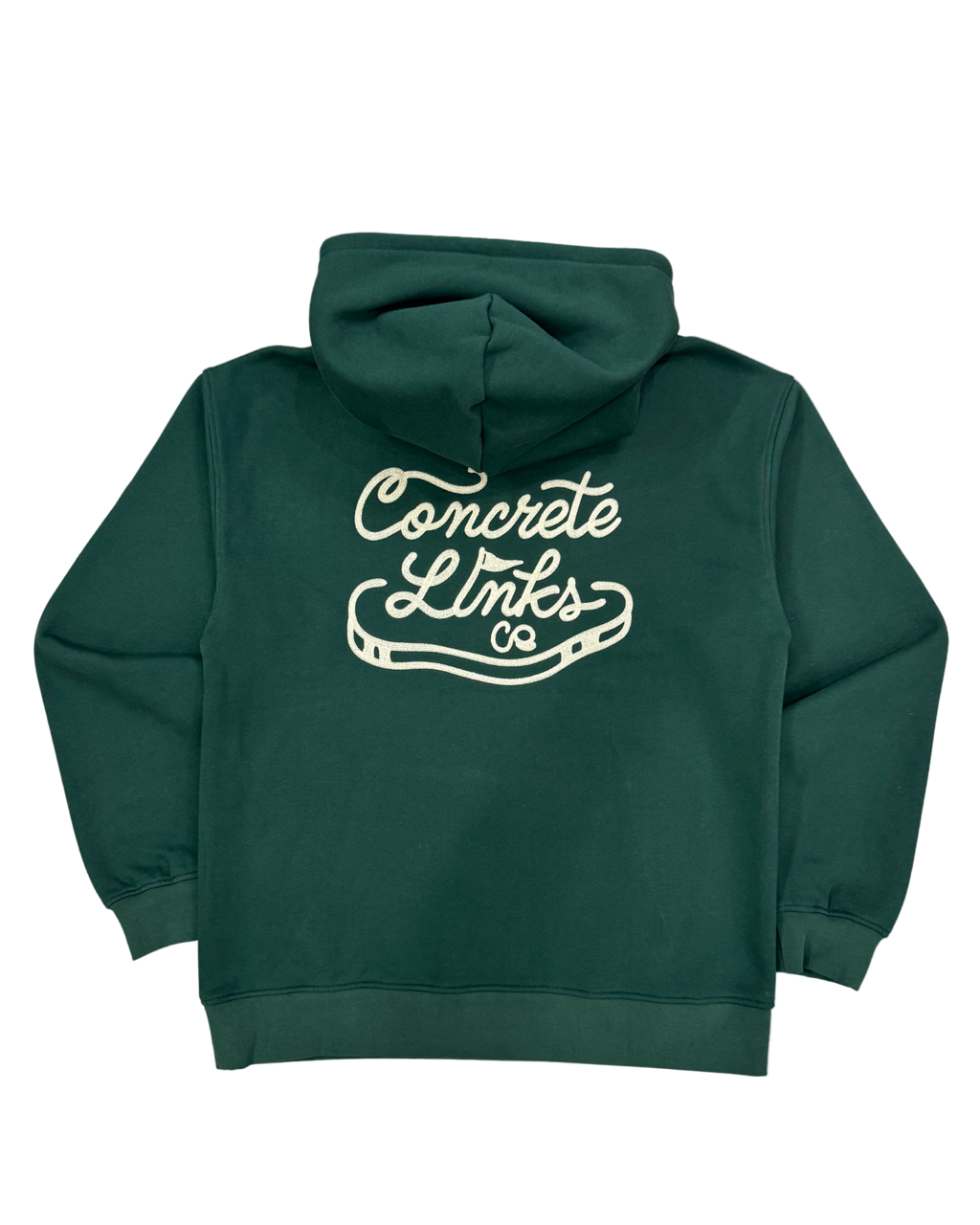 Green hoodie with 'Concrete Links Co' logo on the back against a white background