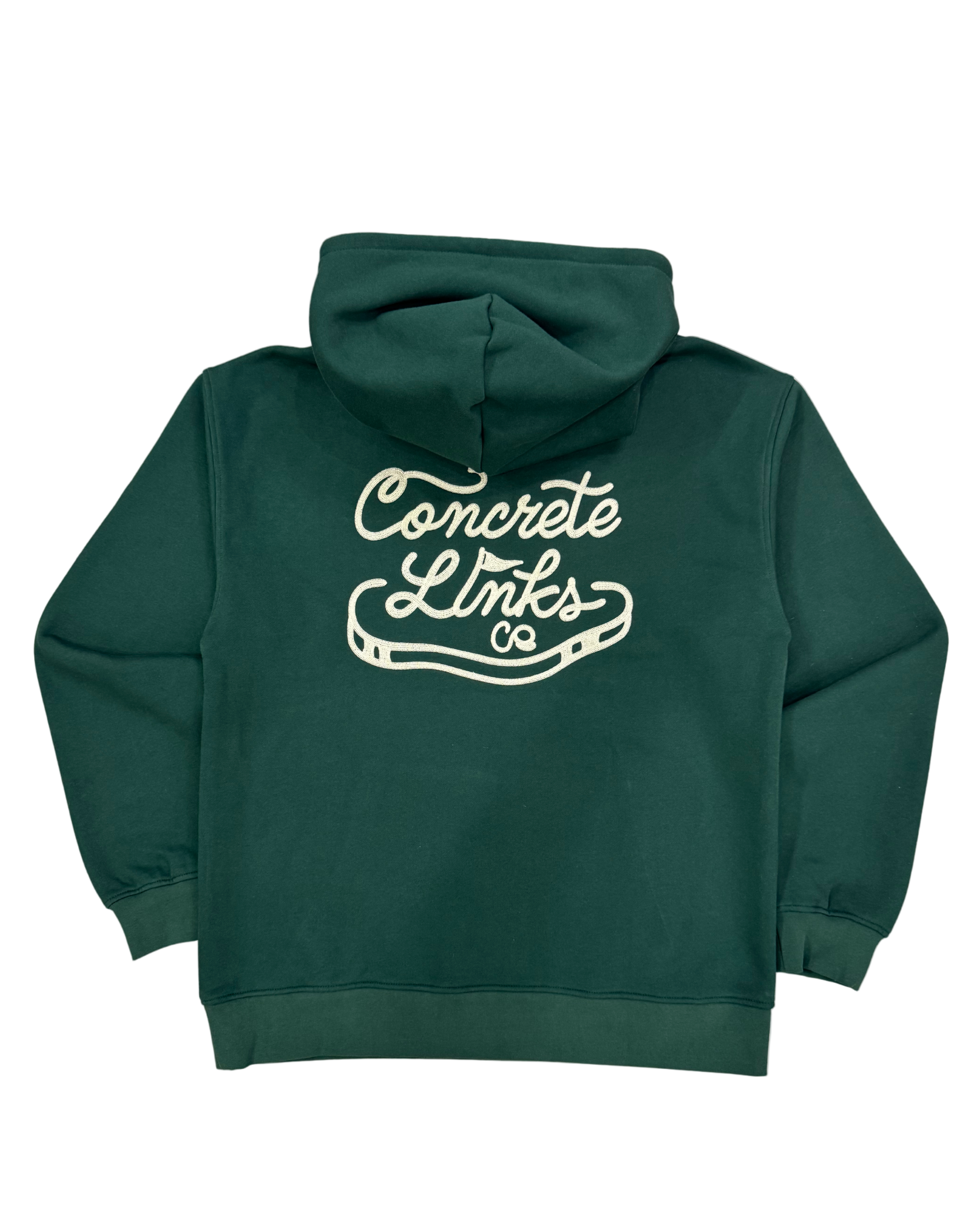 Green hoodie with 'Concrete Links Co' logo on the back against a white background