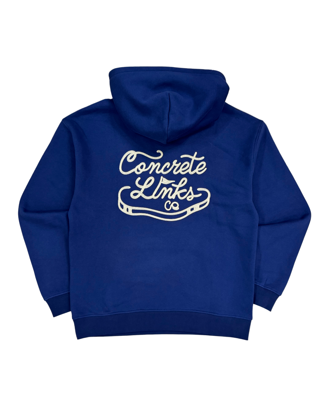 Blue hoodie with 'Concrete Links' text on the back against a white background
