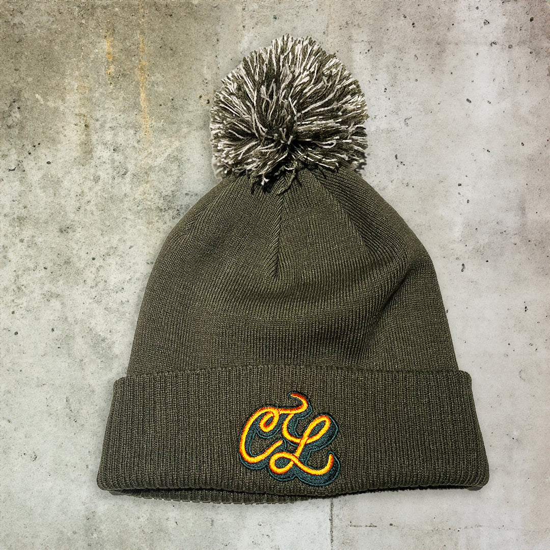 The Concrete Links 'CL Script' Bobble Hat In Olive Green & Oatmeal