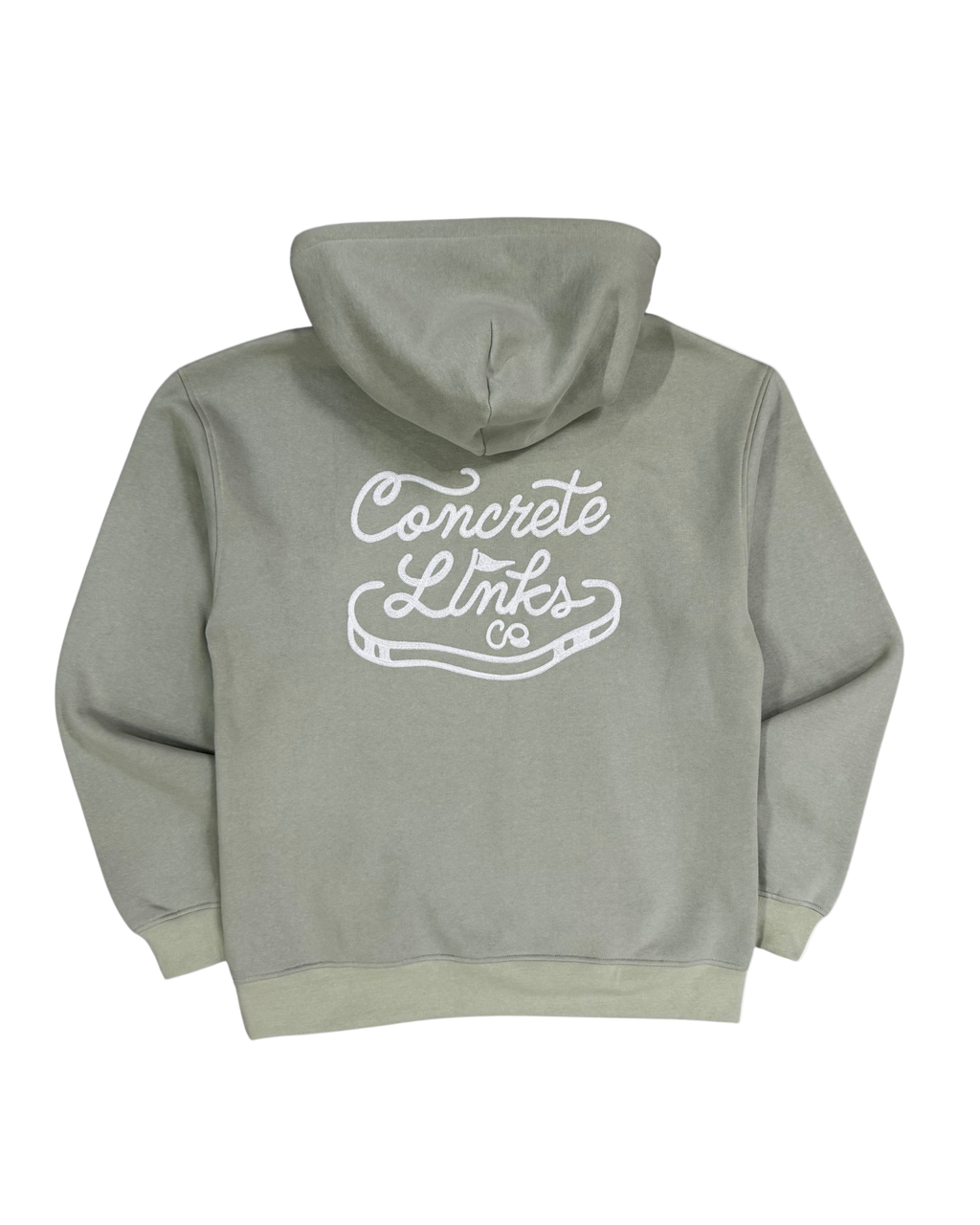 Gray hoodie with 'Concrete Links' text on the back against a white background