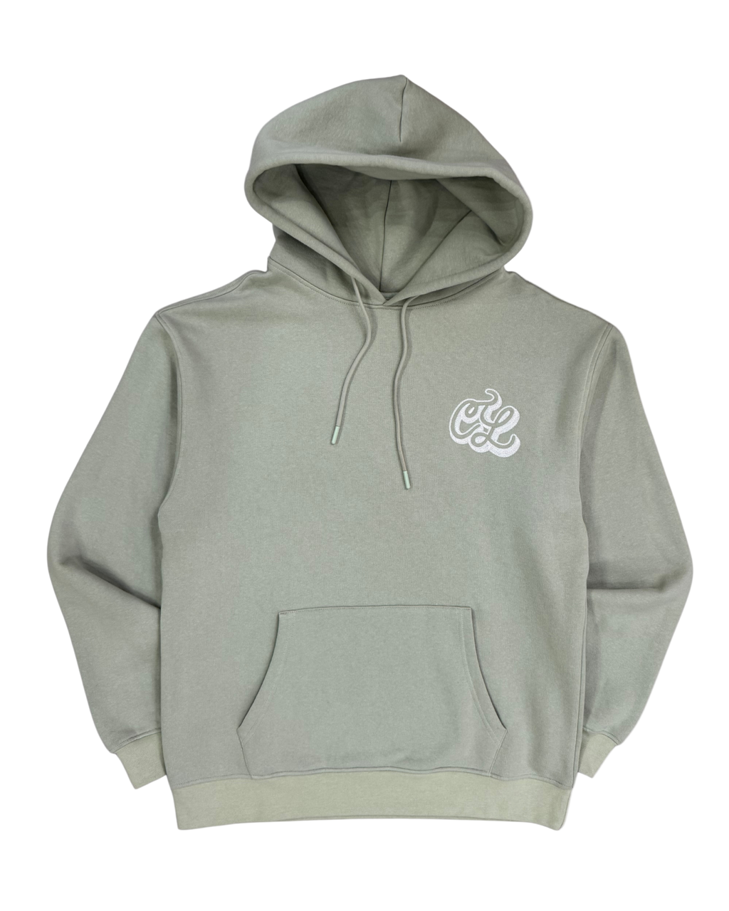 Gray hoodie with a logo on the chest against a white background