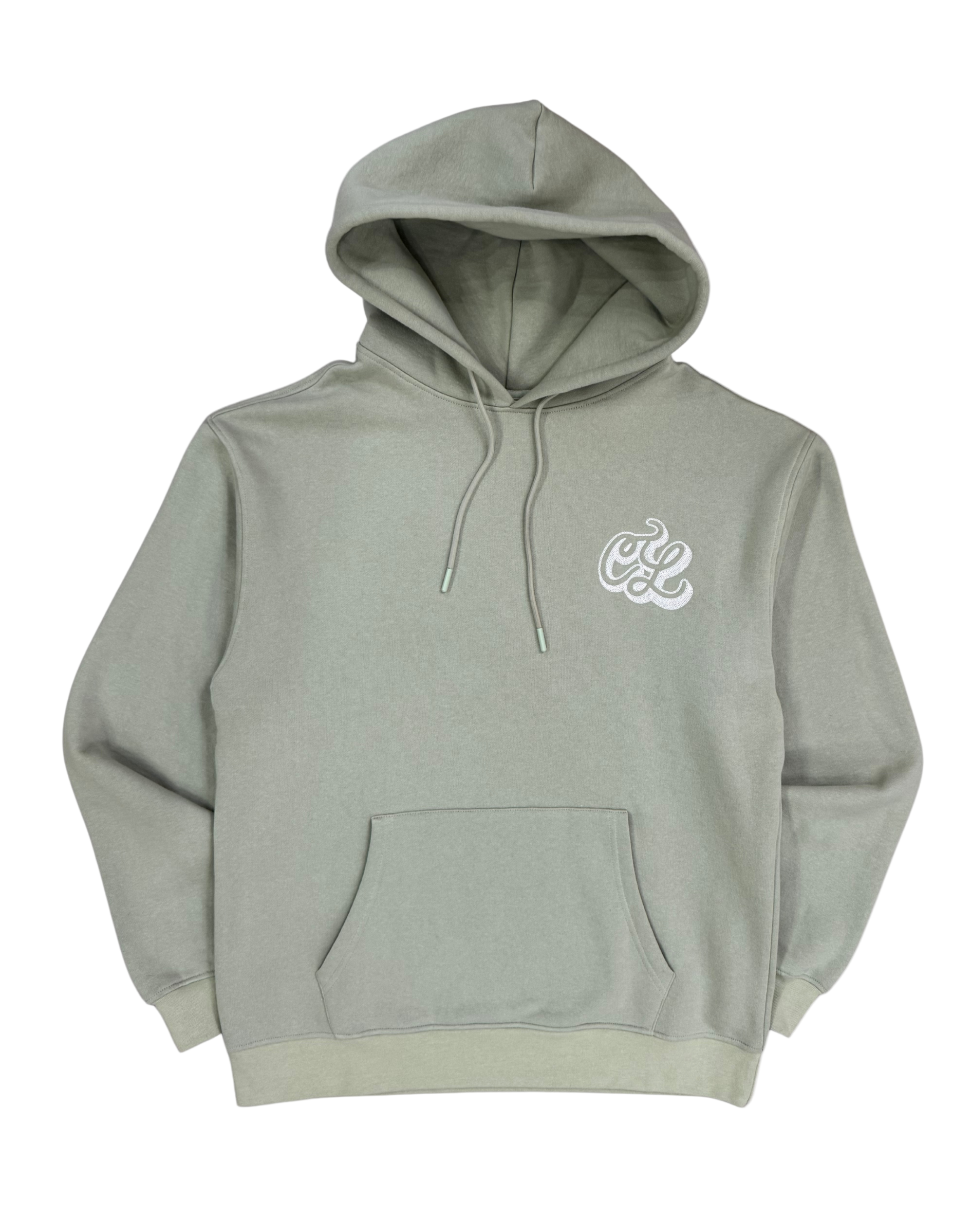 Gray hoodie with a logo on the chest against a white background