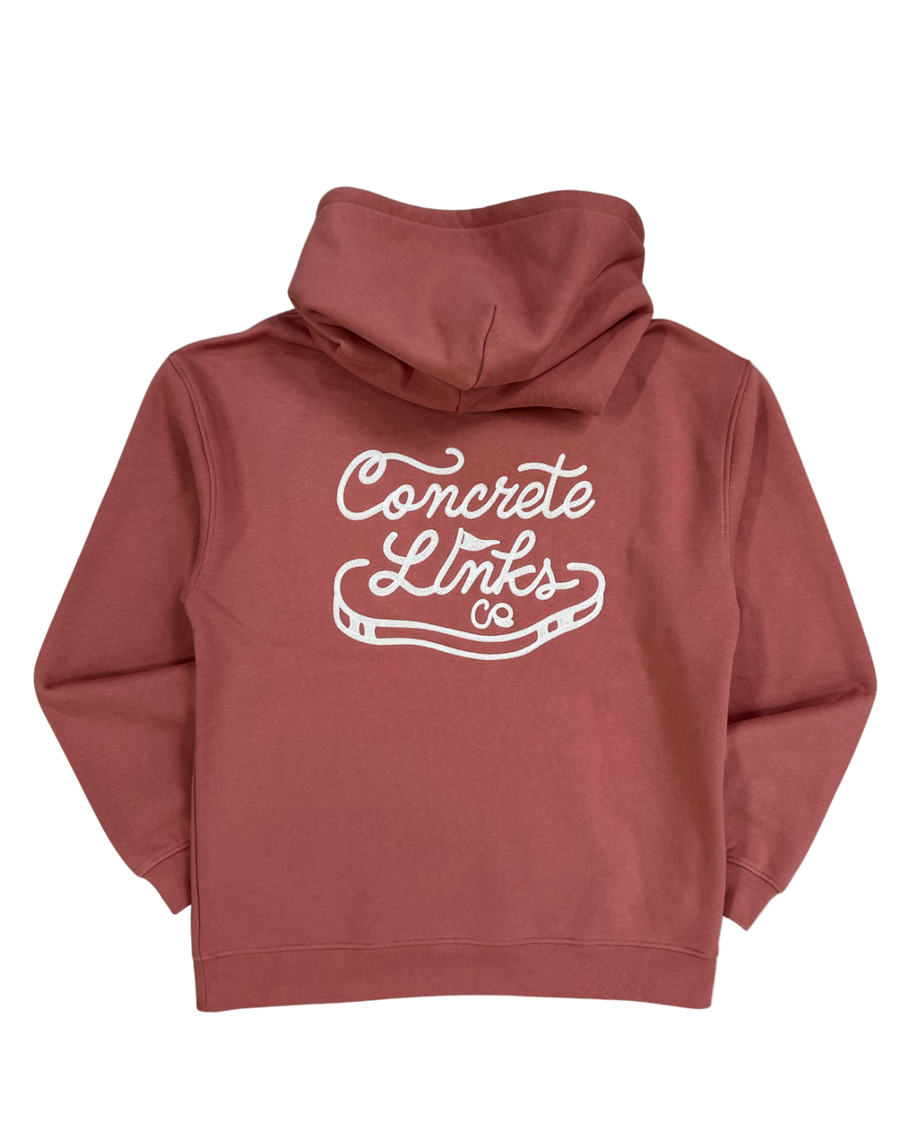 Red hoodie with 'Concrete Links' text on the back against a white background