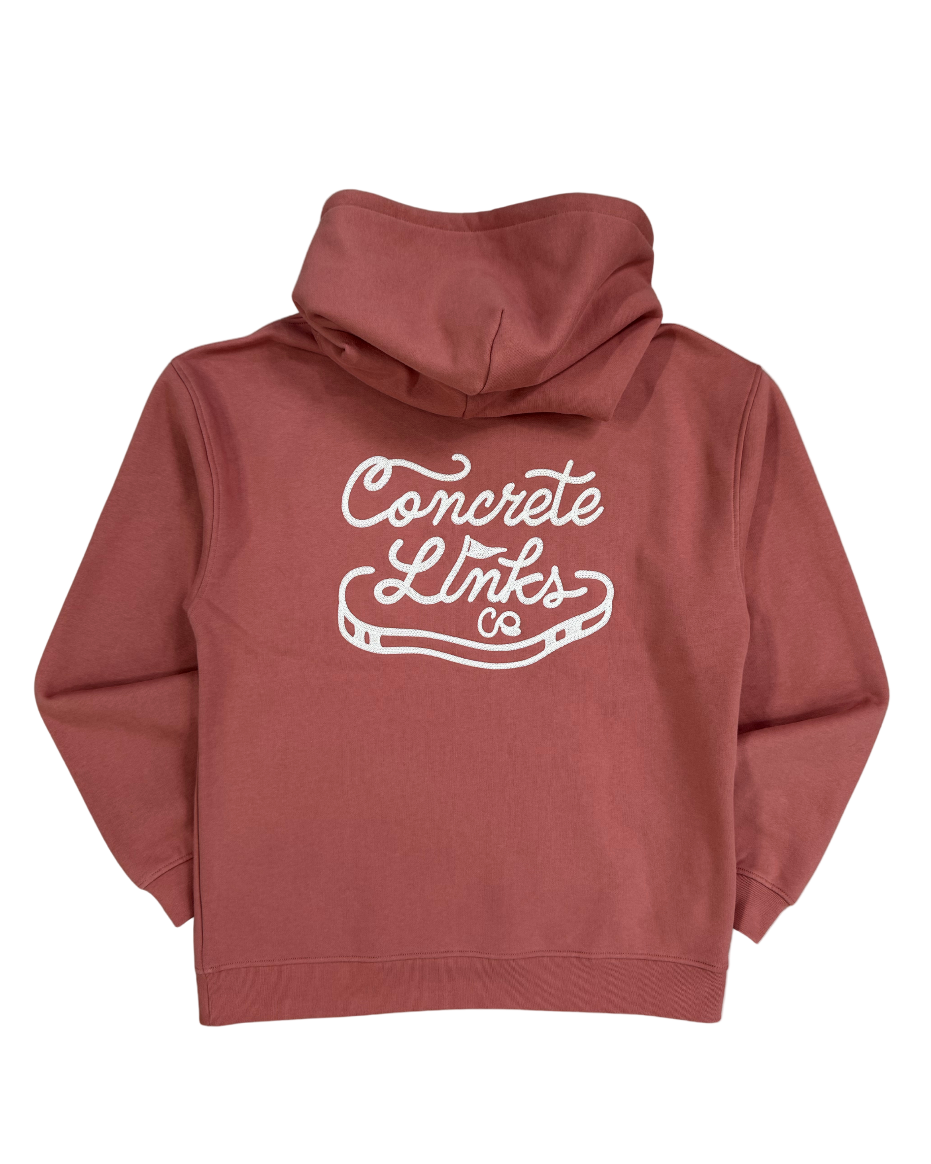 Red hoodie with 'Concrete Links' text on the back against a white background
