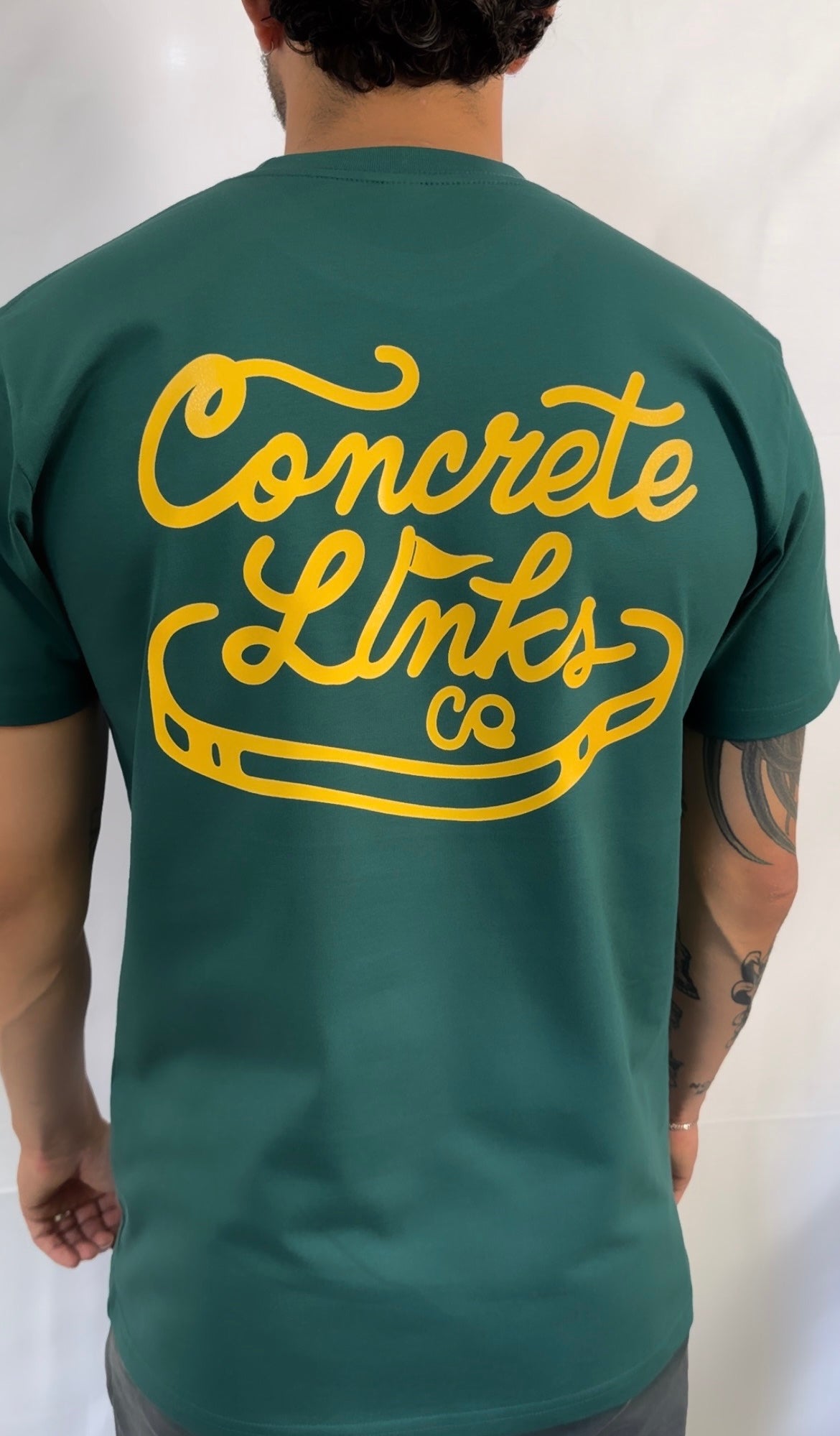 The Concrete Links Co, "Classic Logo" Tee in Racing Green & Yellow