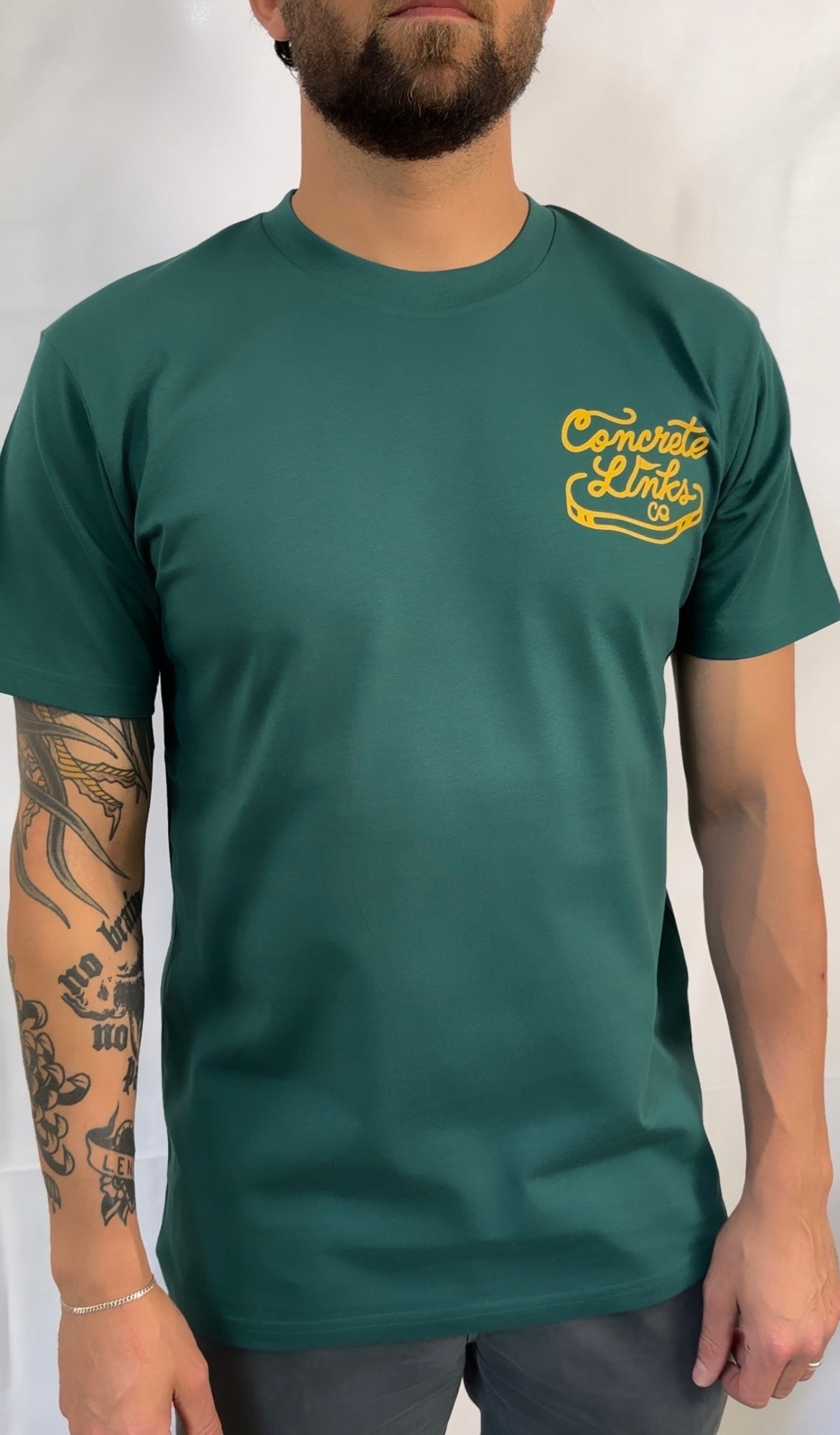 The Concrete Links Co, "Classic Logo" Tee in Racing Green & Yellow