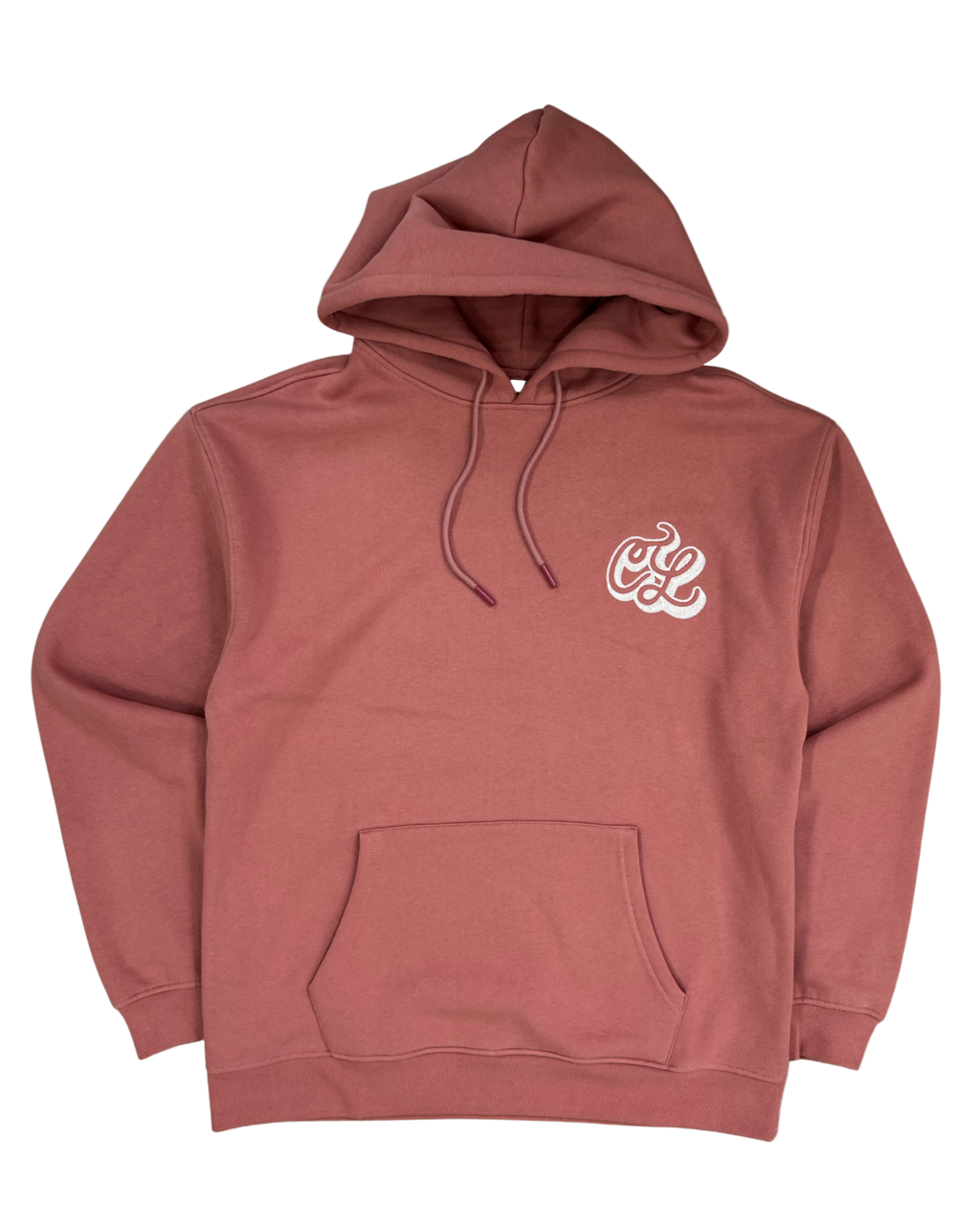 Maroon hoodie with a logo on the chest against a white background