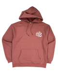 Maroon hoodie with a logo on the chest against a white background