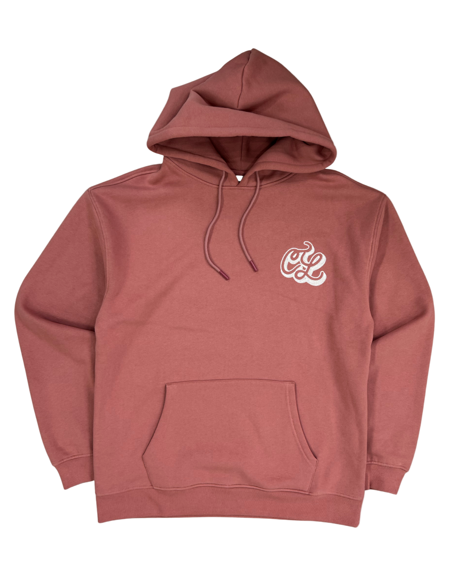 Maroon hoodie with a logo on the chest against a white background