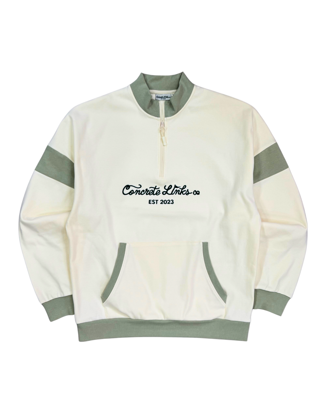 White and green striped sweatshirt with 'Concrete Links' logo on a white background