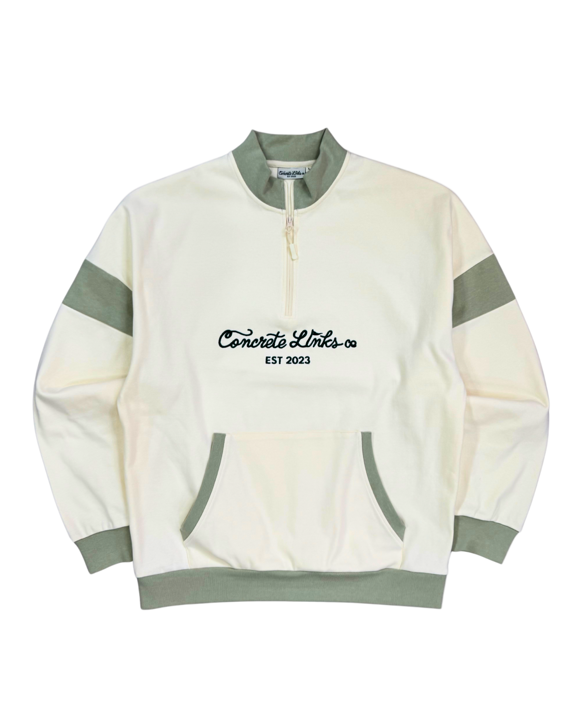 White and green striped sweatshirt with 'Concrete Links' logo on a white background
