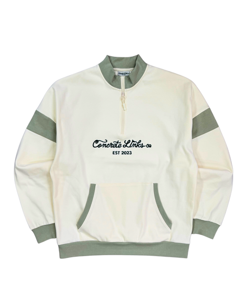 White and green striped sweatshirt with 'Concrete Links' logo on a white background