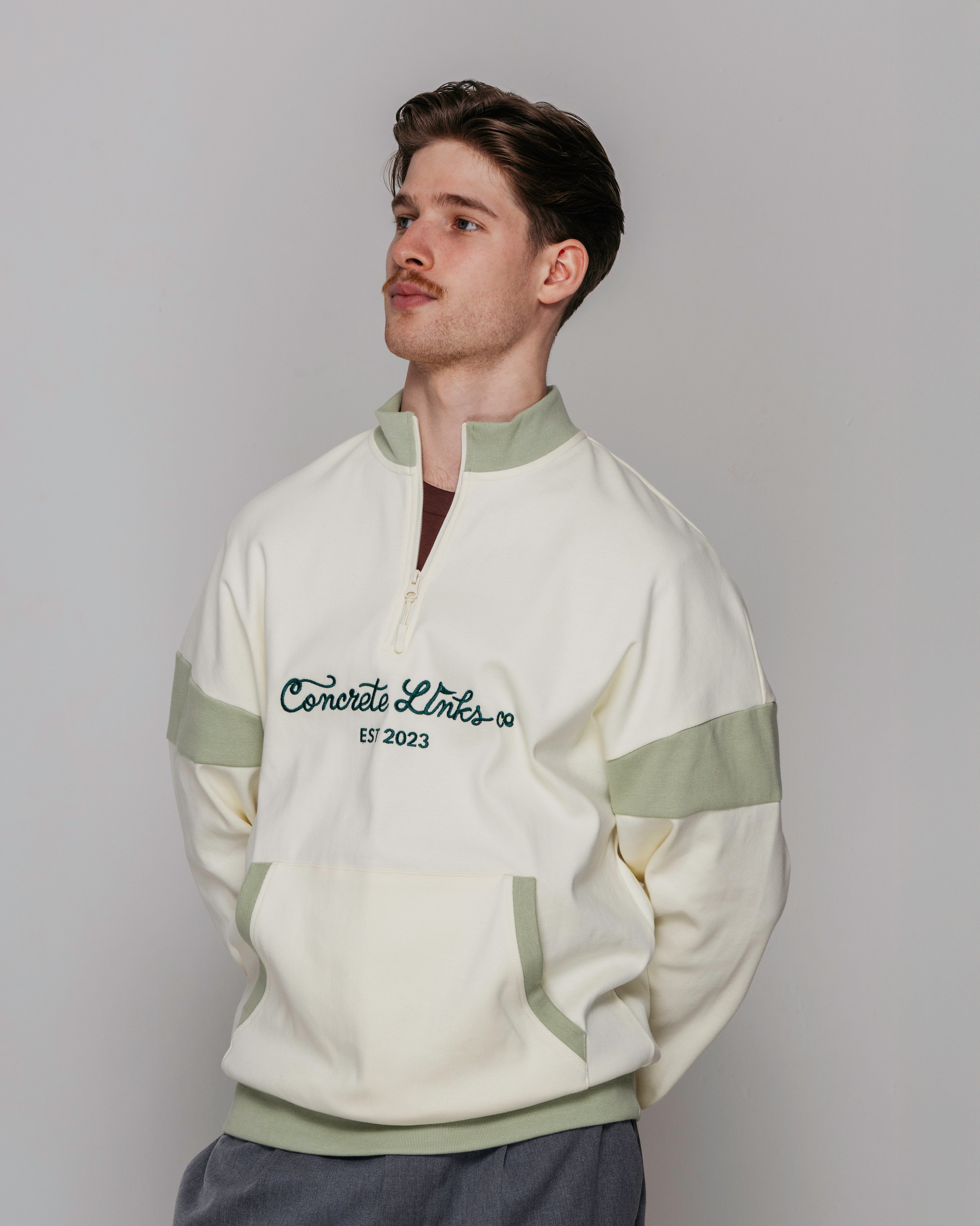 "For The Grind" 1/4 Zip Ecru and Pistachio