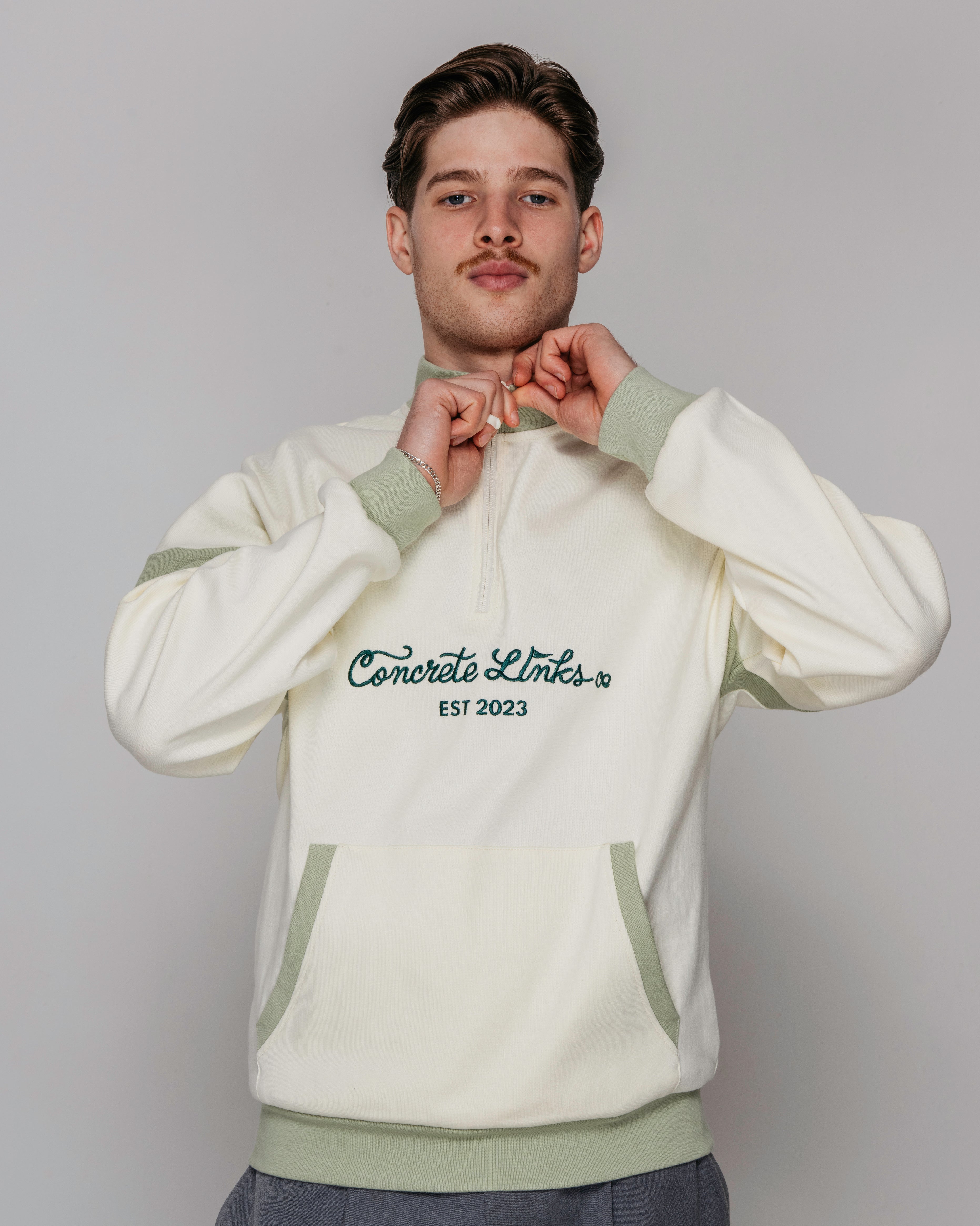 "For The Grind" 1/4 Zip Ecru and Pistachio