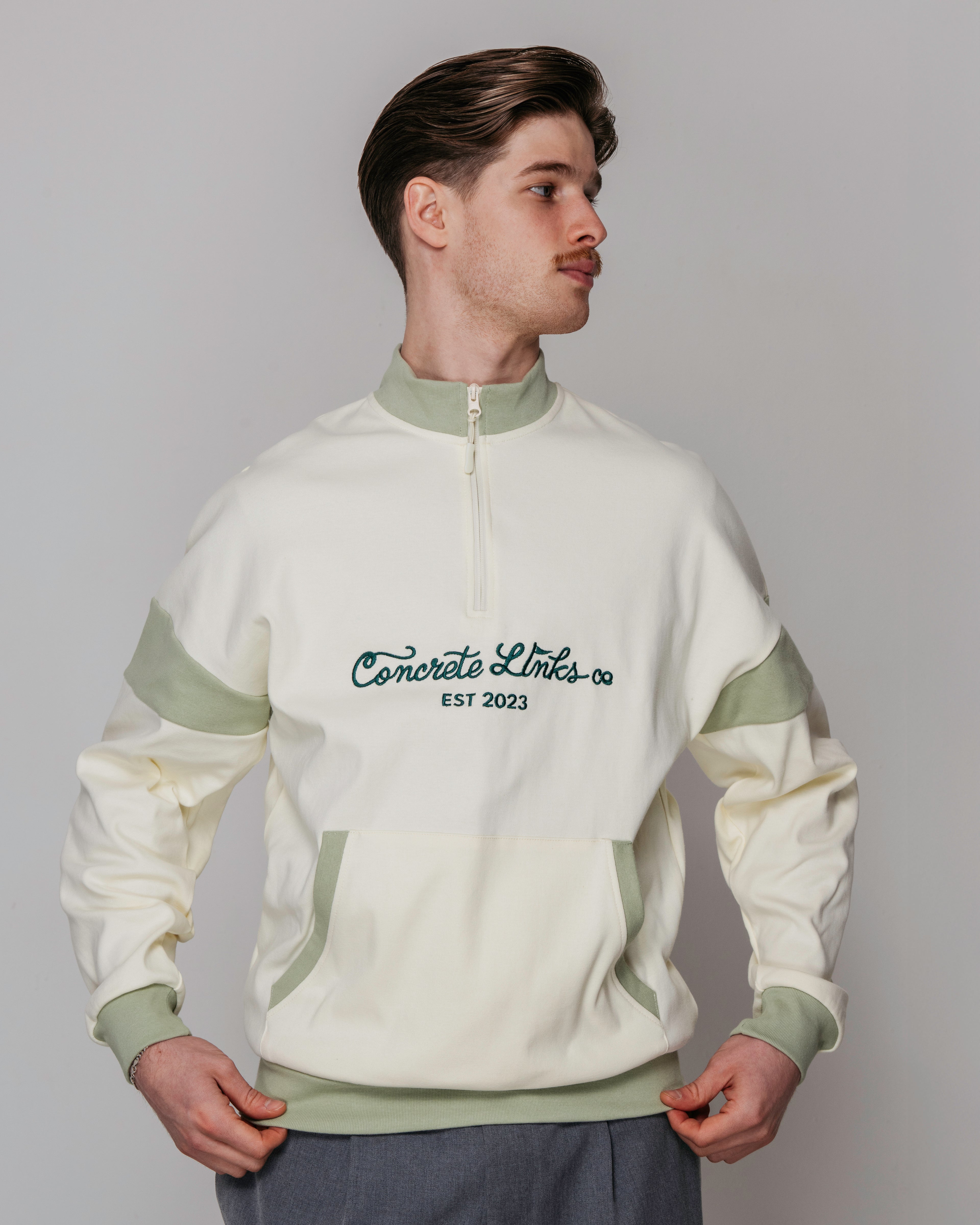 "For The Grind" 1/4 Zip Ecru and Pistachio