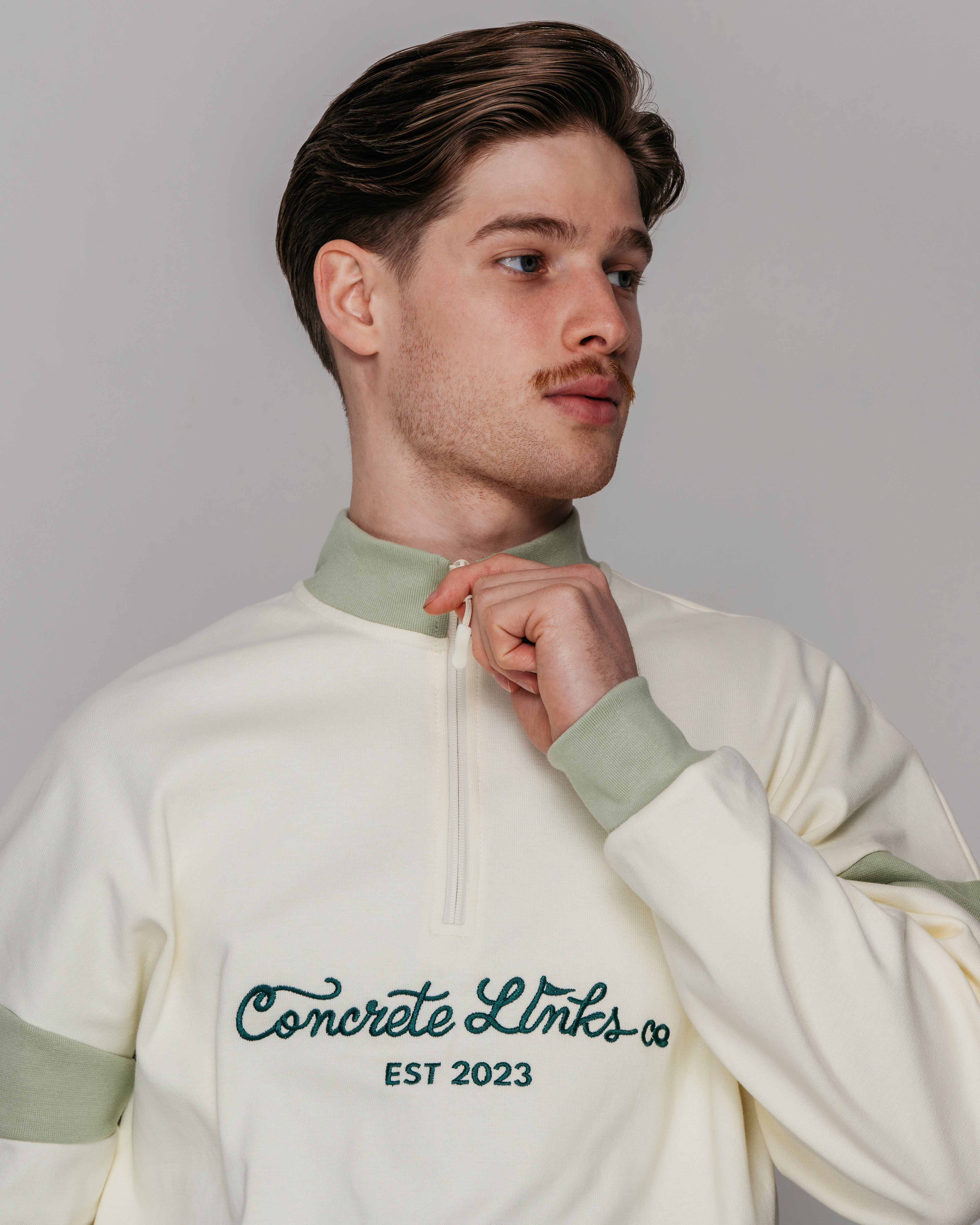 "For The Grind" 1/4 Zip Ecru and Pistachio