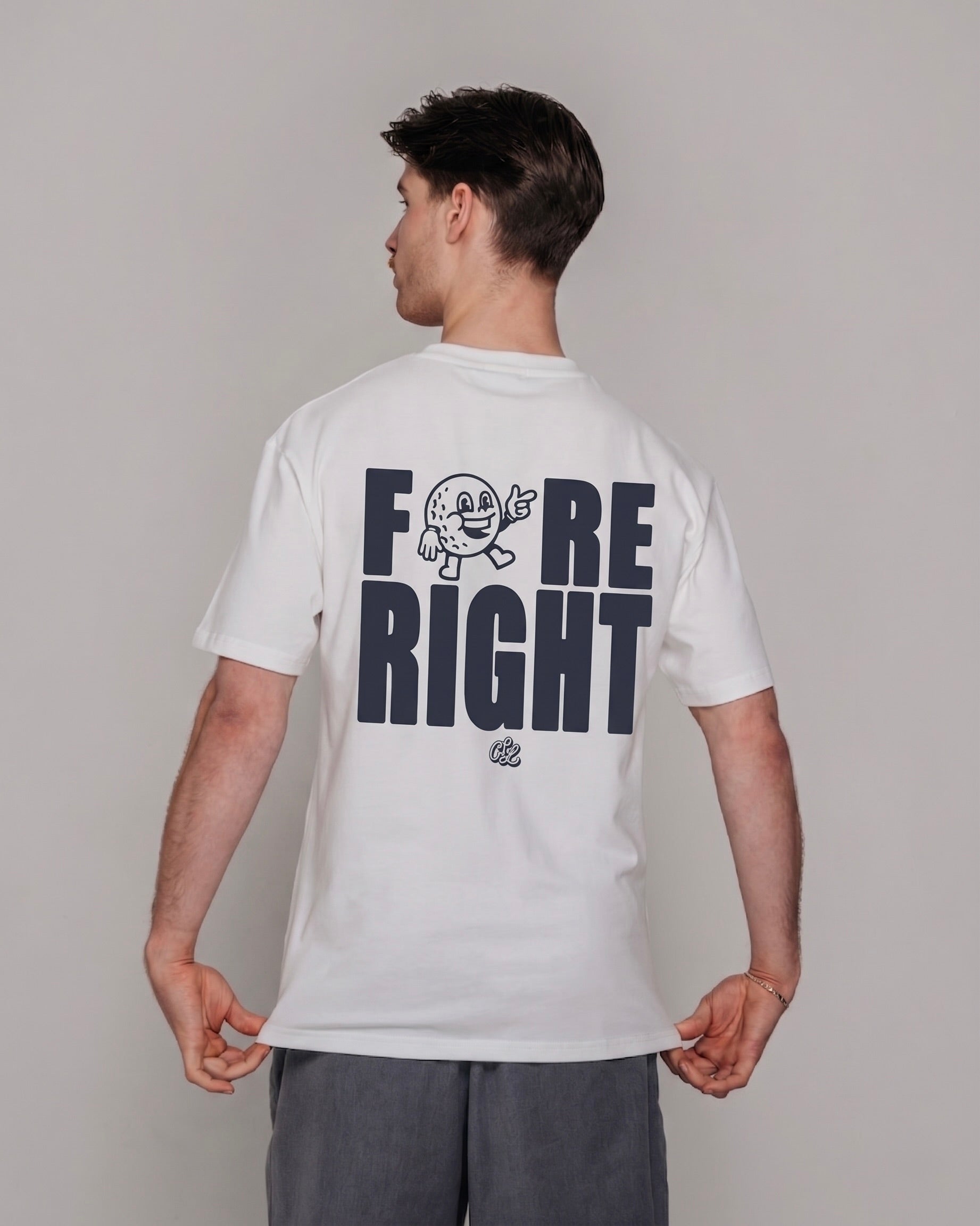 Person wearing a white t-shirt with text and graphics on the back against a plain background