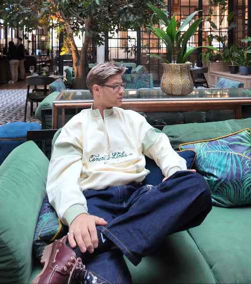Person sitting on a green couch in a stylish interior setting with plants and decorative elements.