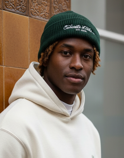 Green beanie with 'Concrete Links' logo on a white background