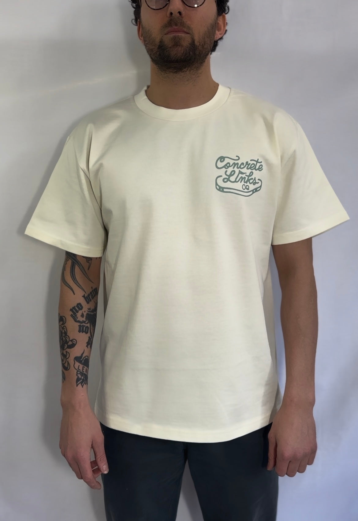 The Concrete Links Co "Classic Logo" Tee in Ecru & Seafoam.