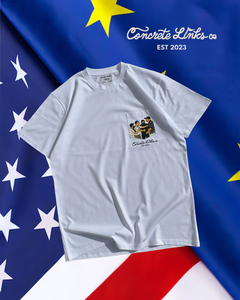 White t-shirt with a graphic design on a blue background with stars that shows the fights by Rory Mcilroy in the car park in 2013 at Marco Simone at the Ryder Cup