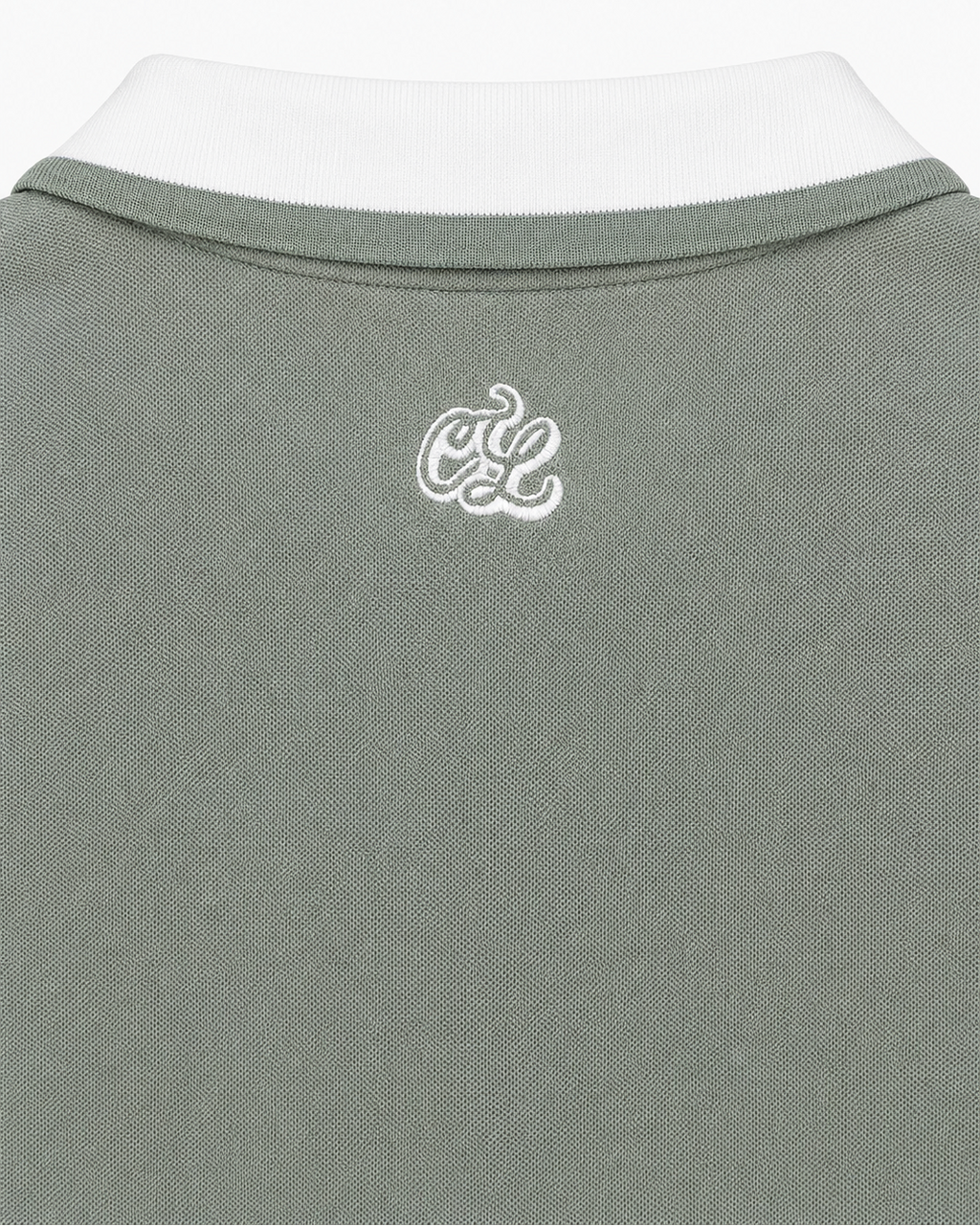 Gray polo shirt with a white logo on a white background