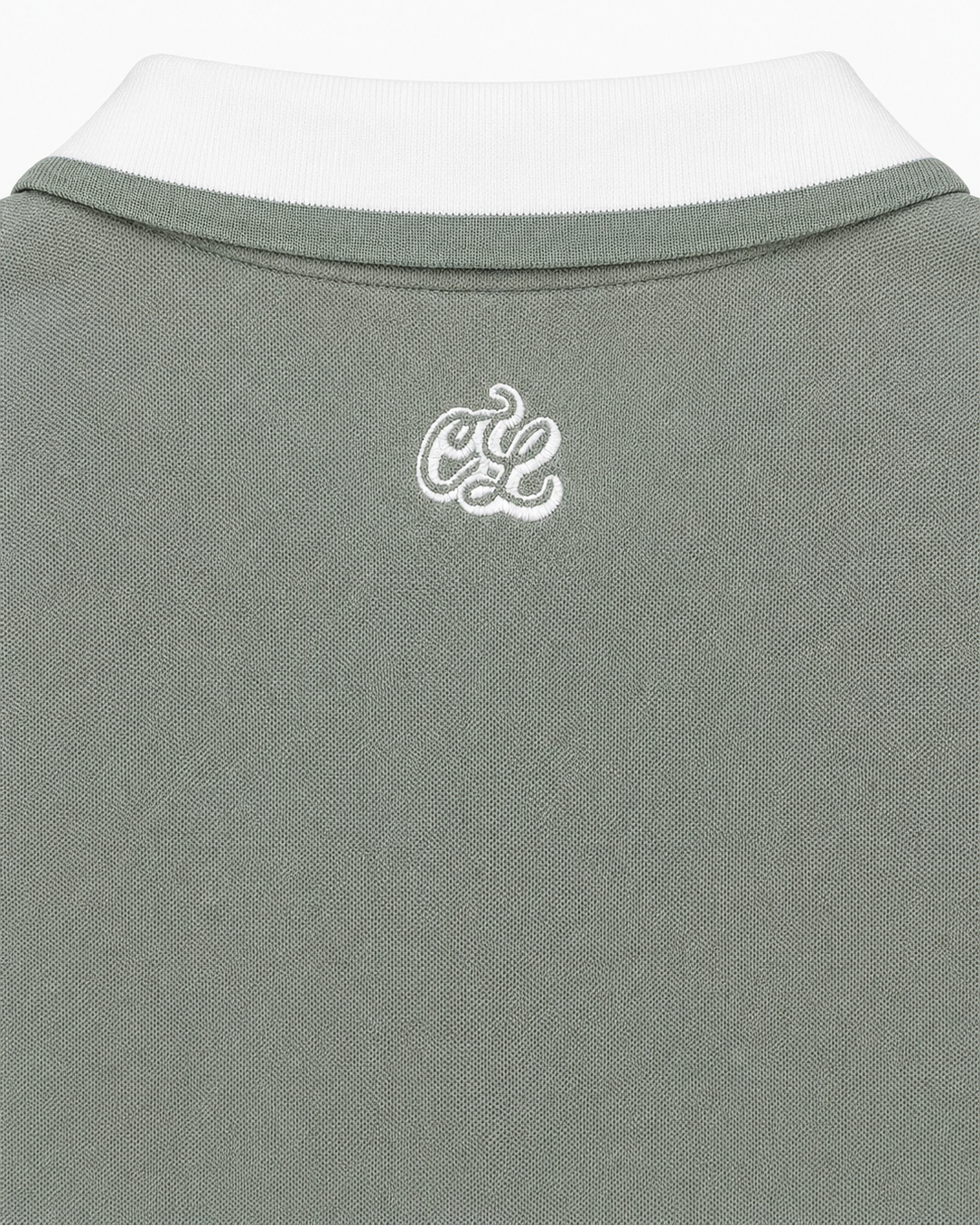 Gray polo shirt with a white logo on a white background