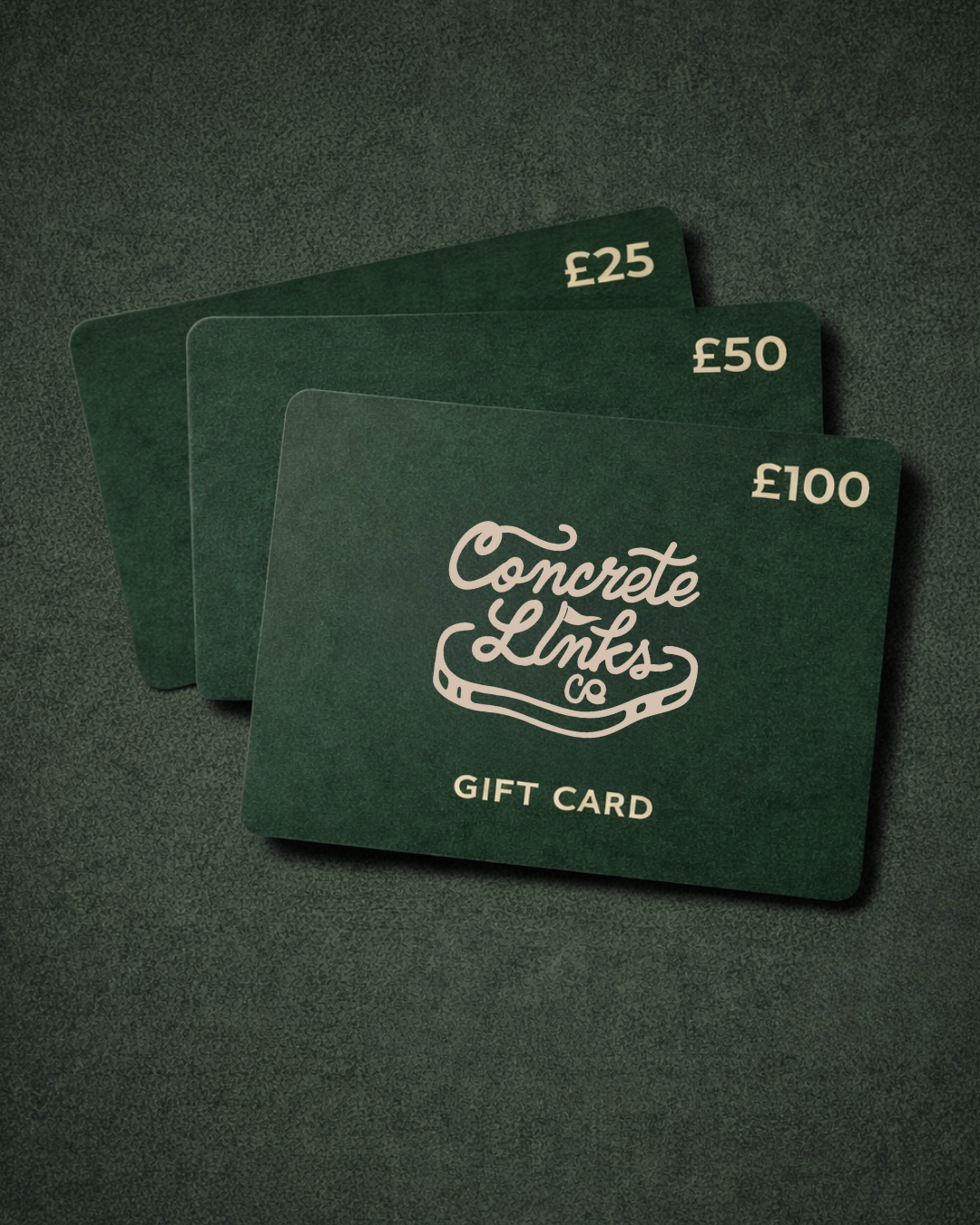 Three green gift cards with different values and 'Concrete Links Co' branding on a dark gray background.