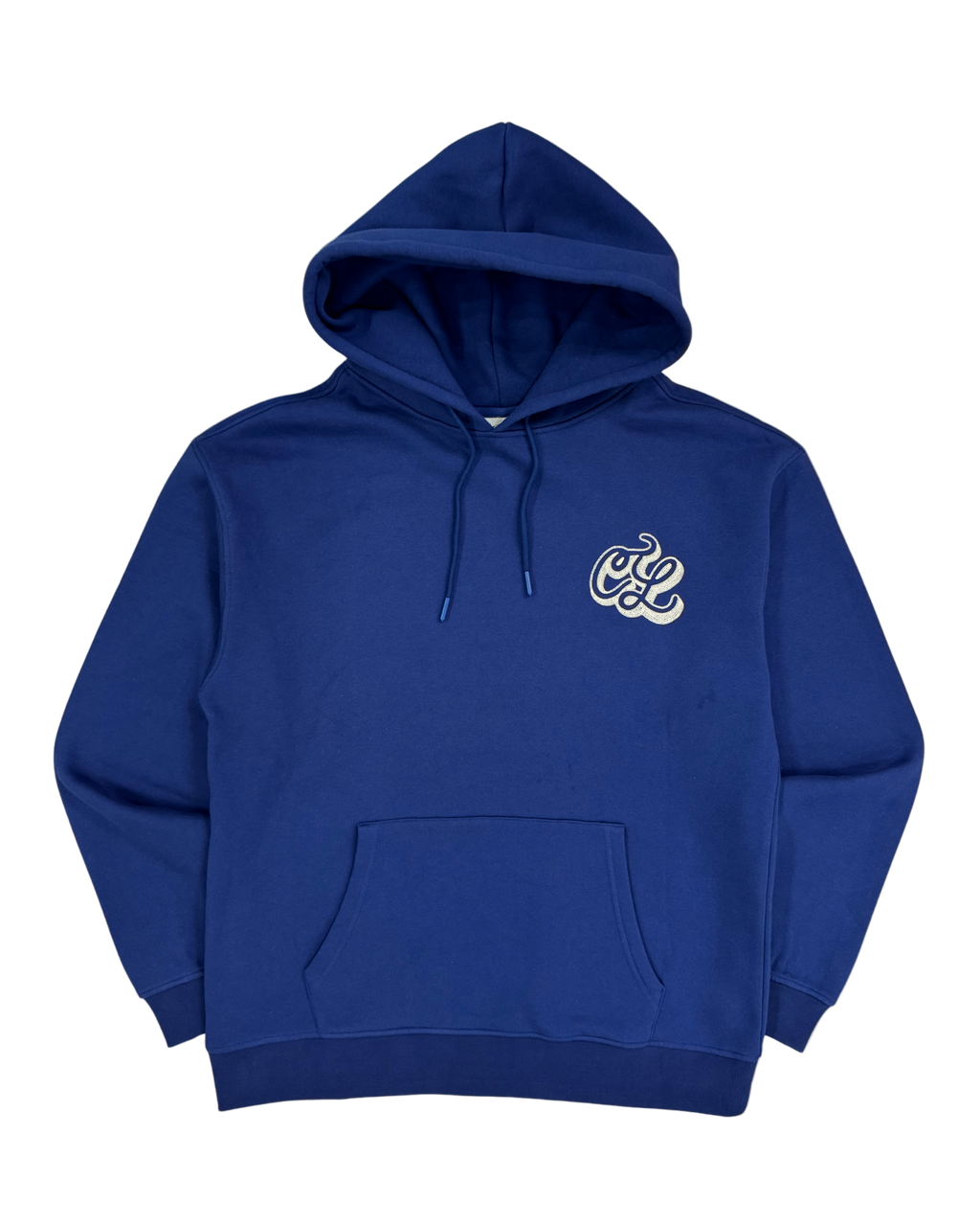Blue hoodie with a logo on the chest against a white background