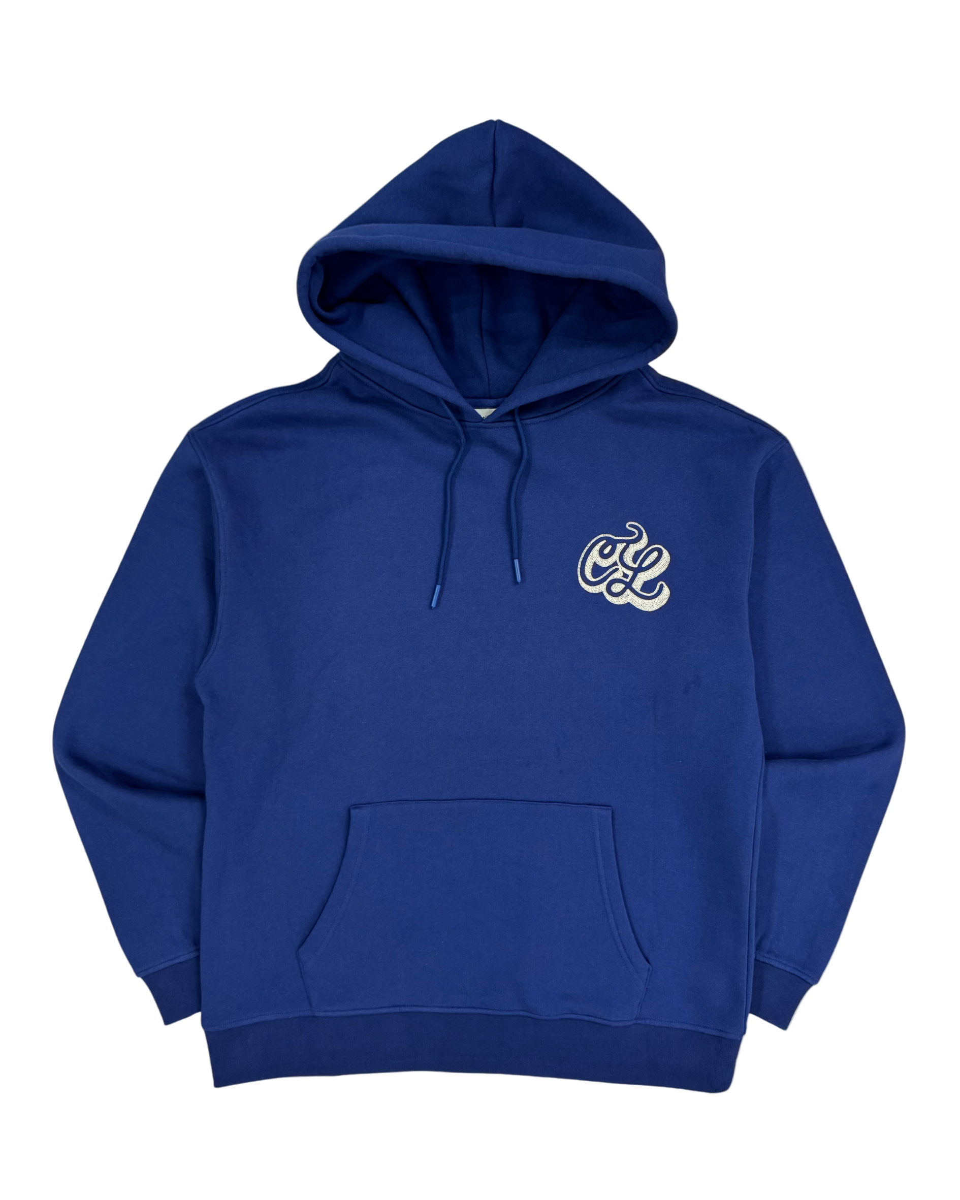 Blue hoodie with a logo on the chest against a white background