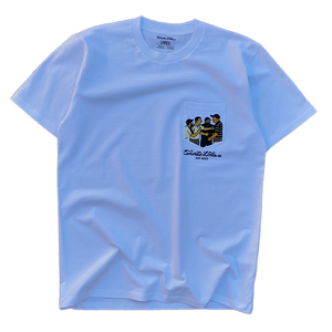 White t-shirt with a graphic design on a blue background with stars that shows the fights by Rory Mcilroy in the car park in 2013 at Marco Simone at the Ryder Cup